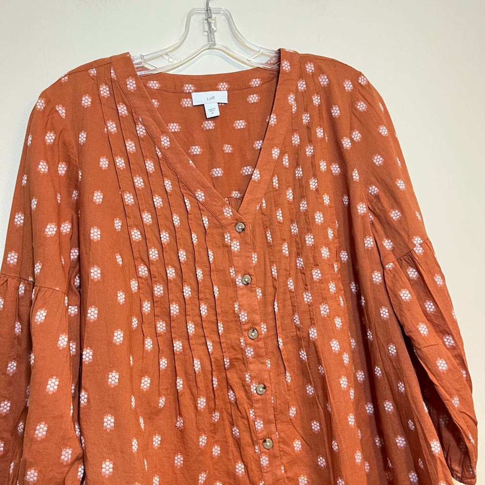 J. Jill Shirt Blouse Top Orange White Embroidered Pintuck V Neck Button Up Med - Picture 3 of 6